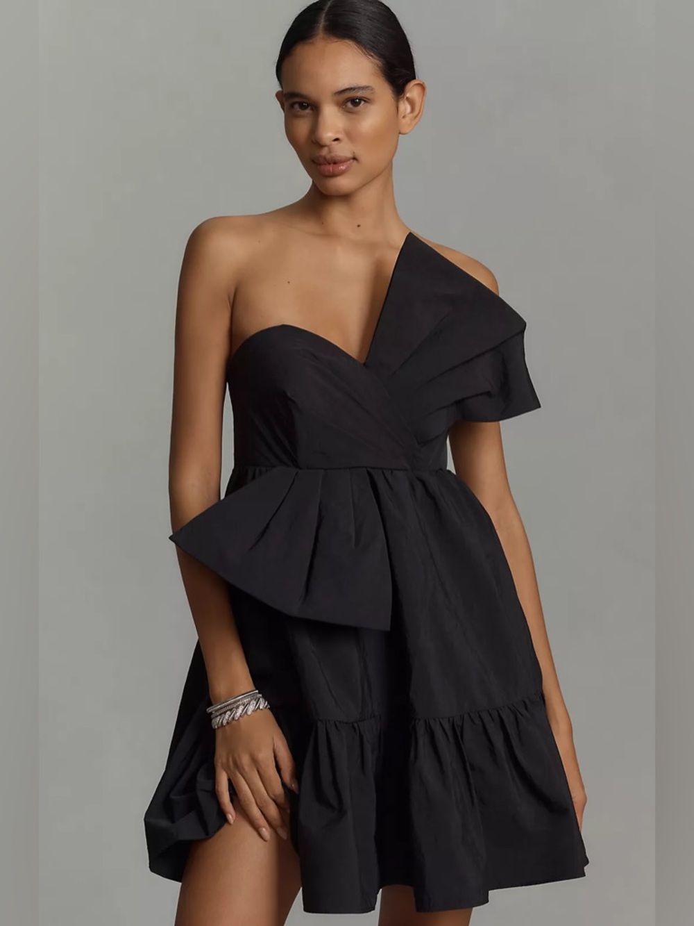 MAC DUGGAL Black Faille Strapless Twist Bow Mini Dress